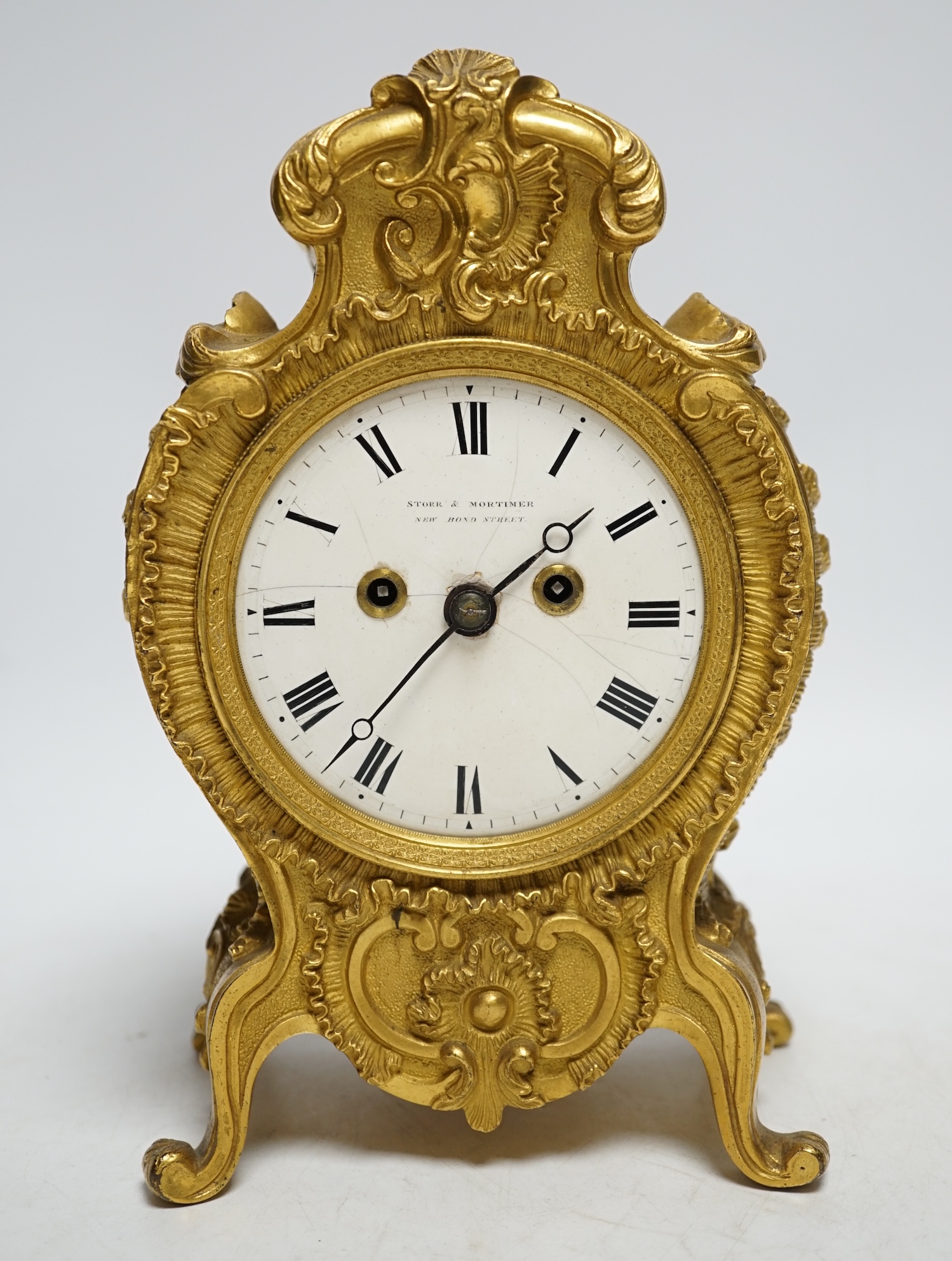 An English ormolu mantel clock, c.1835, Storr and Mortimer, New Bond St, pendulum, no key, 21cm